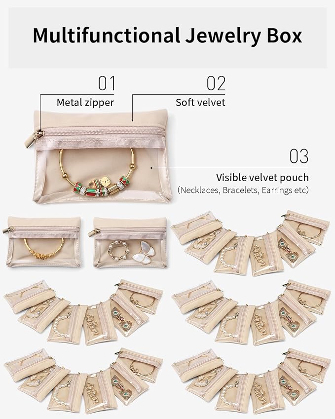 VLANDO Jewelry Travel Case,Travel Jewelry Organizer with Clear Velvet Jewelry Bags Zipper Pouch for Women Girl Gift 33Pcs