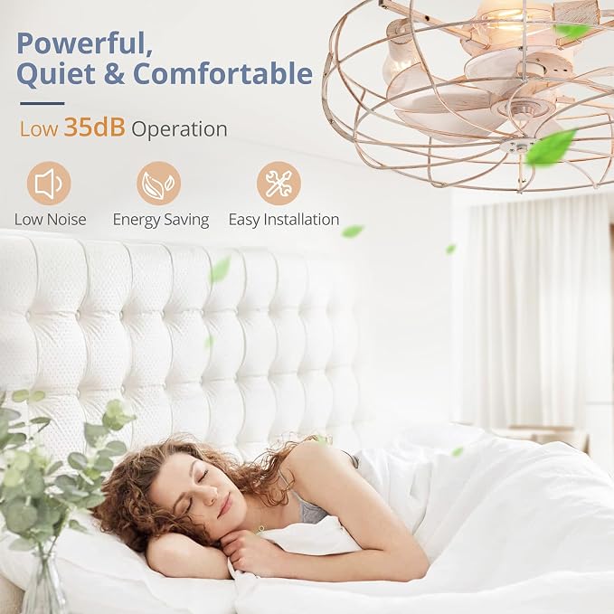 LEDIARY 23" Large Caged Ceiling Fans with Lights, White Flush Mount Low Profile Ceiling Fan with Remote, Modern Farmhouse Industrial Ceiling Fan with Light for Bedroom, Kitchen, Dining Room, Indoor