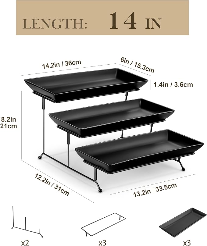 MALACASA 3 Tier Serving Trays for Party, Stoneware Serving Platters and Trays, 14 Inch Tiered Tray Stand, Fruit Tray, Trays for Serving Food, Black Dessert Stand with Collapsible Sturdier Metal Rack | Tiered Cupcake Stand for Party, Fruit Tray, Trays f...