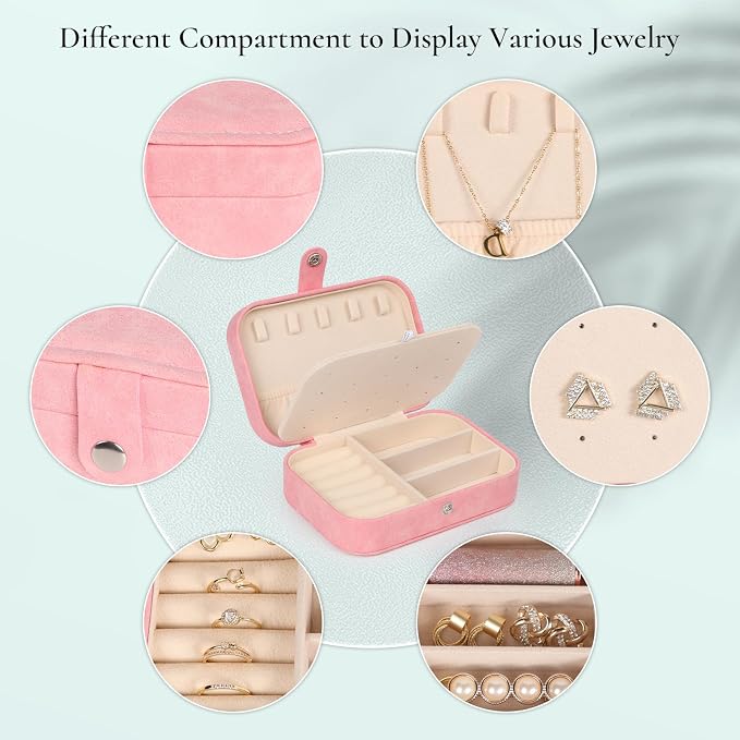 Hatori Travel Jewelry Box, PU Leather Small Jewelry Organizer for Women Girls, Double Layer Portable Mini Travel Case Display Storage Holder Boxes for Stud Earrings, Rings (Pink Beige)