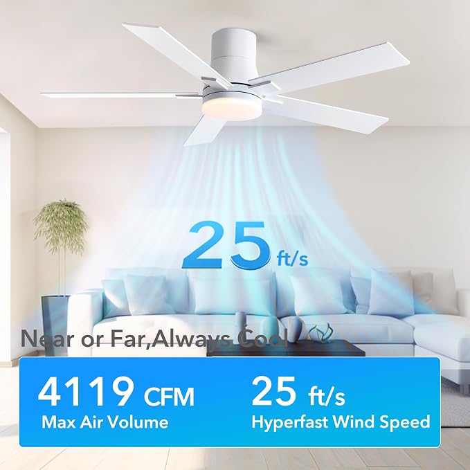 Rayqueen 52 Inch Flush Mount White Ceiling Fans with Lights and Remote | 6 Speed Reversible DC motor,3-color temperature dimmable LED.For indoor/covered outdoor.Modern style for bedroom room