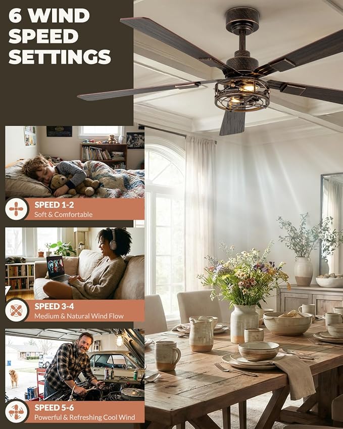52 Inch Ceiling Fans with Lights and Remote, Farmhouse Caged Flush Mount Ceiling Fan, 6-Speed Quiet and Reversible DC Motor Ceiling Light Fixtures for Bedroom, Living Room, Black and Gold, 2 Pack