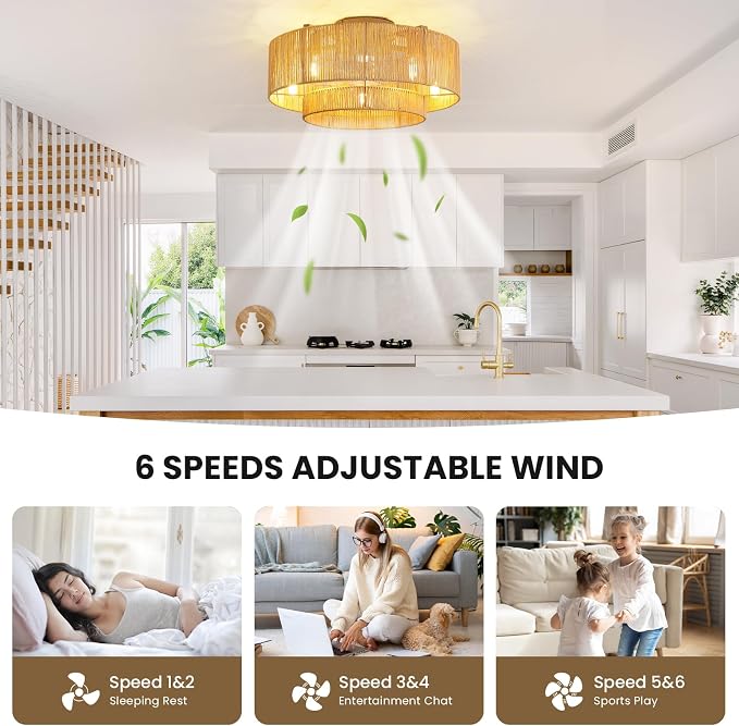 RUIYEY Boho Ceiling Fans with Lights: 20 inch Fandelier Low Profile Ceiling Fans with Remote Control, 5 Blades 6 Speeds DC Reversible E12 5 Light Flush Mount Rattan Ceiling Light Fixtures for Bedroom