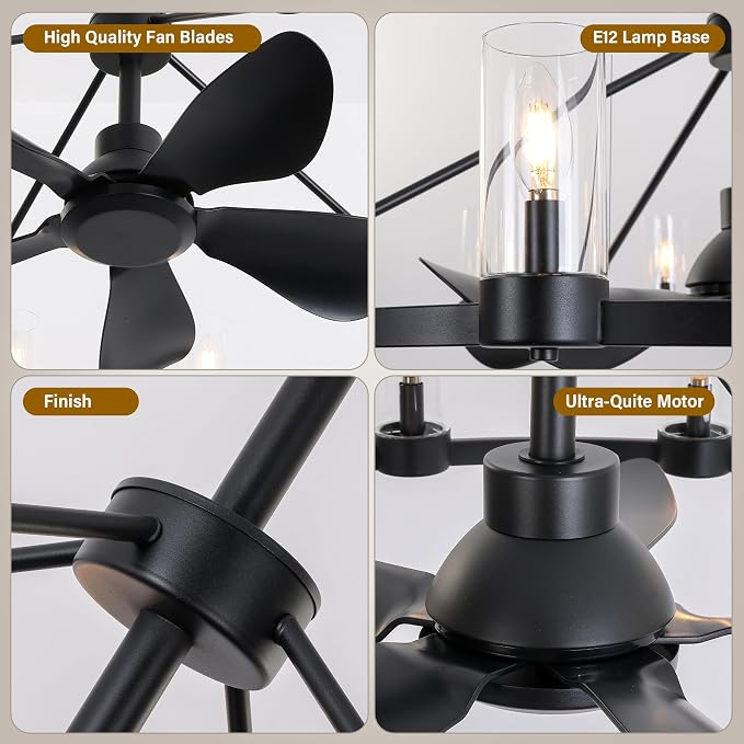 44" Wagon Wheel Chandelier Ceiling Fans with Lights and Remote with APP, 12-Lights Farmhouse Fandelier Fans with Glass Shade, Black Industrial Lighting Fixture for Dining Living Room, Kitchen Island