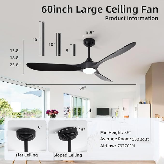 60” Outdoor Ceiling Fan with Light 3 Downrods, Smart Wood Ceiling Fan Compatible with Alexa/Google/App, 3 Blades Modern Black Wood Ceiling Fans for Kitchen Living Room Patio