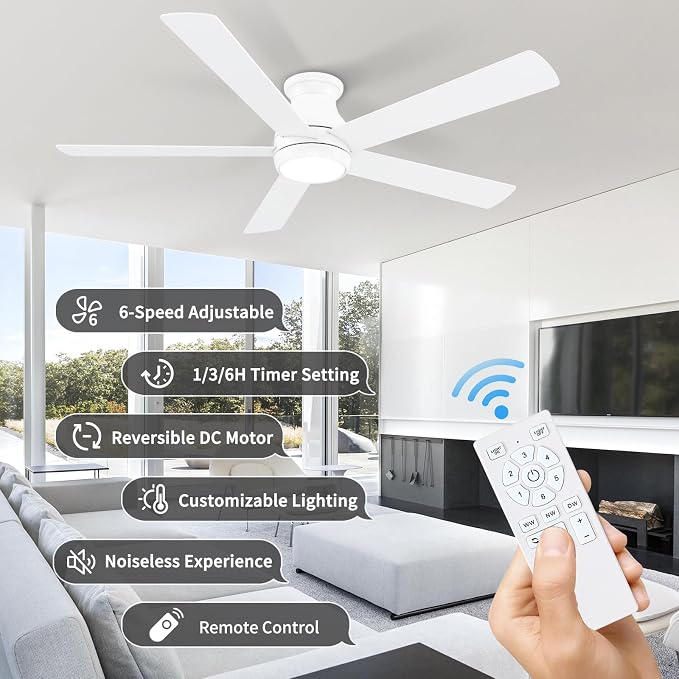 POCHFAN 60 Inch White Ceiling Fans with Lights and Remote, LED Low Profile Flush Mount Ceiling Fan for Bedroom, Living Room, Quiet DC Motor, Dimmable 6 Speeds