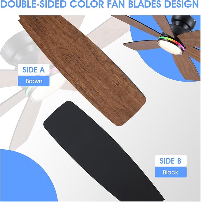 Kviflon 46 In Ceiling Fans with RGB Lights, Low Profile Ceiling Fan Remote/APP Control, Flush Mount, Double-Sided 6 Reversible Blades, RGB+3CCT Dimmable Lights, Double Lampshade for Bedroom, Brown
