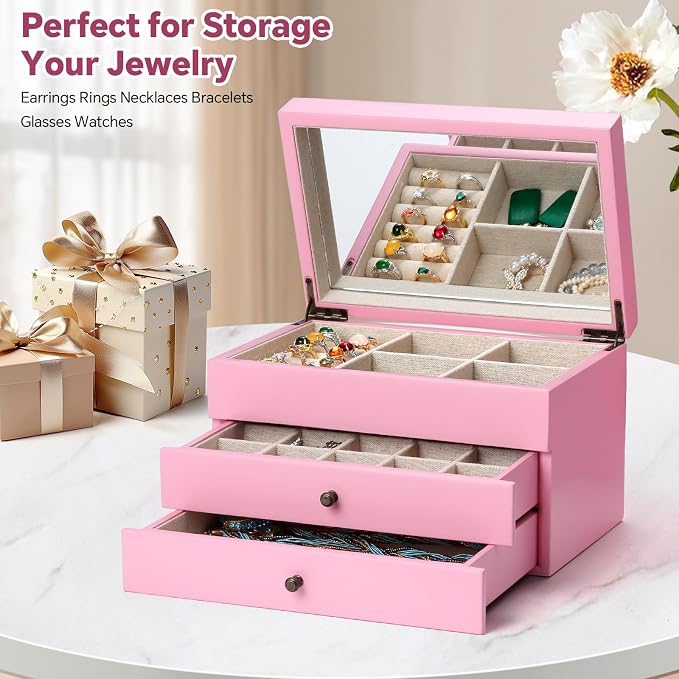 Meangood Jewelry Box Organizer for Women, 3 Layer Large Jewelry Storage Case, Rustic Wooden Jewelry Box with Mirror & Ring Tray for Necklace Earring Bracelets Rings, Vintage Style (Pink)