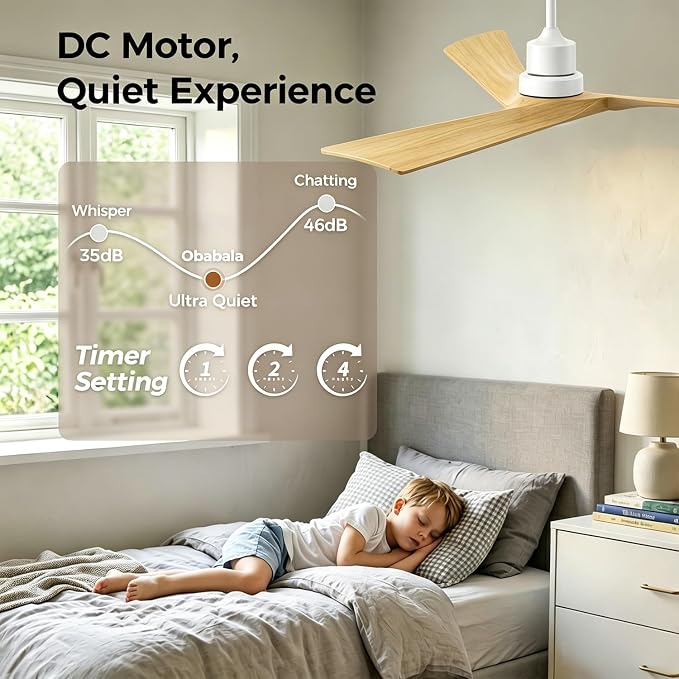 Obabala Ceiling Fan 52 Inch with Remote, Solid Wood Blades DC Motor 5000 CFM Quiet 35dB, Reversible 6 Speed Modern Farmhouse for Bedroom Living Room Indoor Outdoor, No Light with Downrod