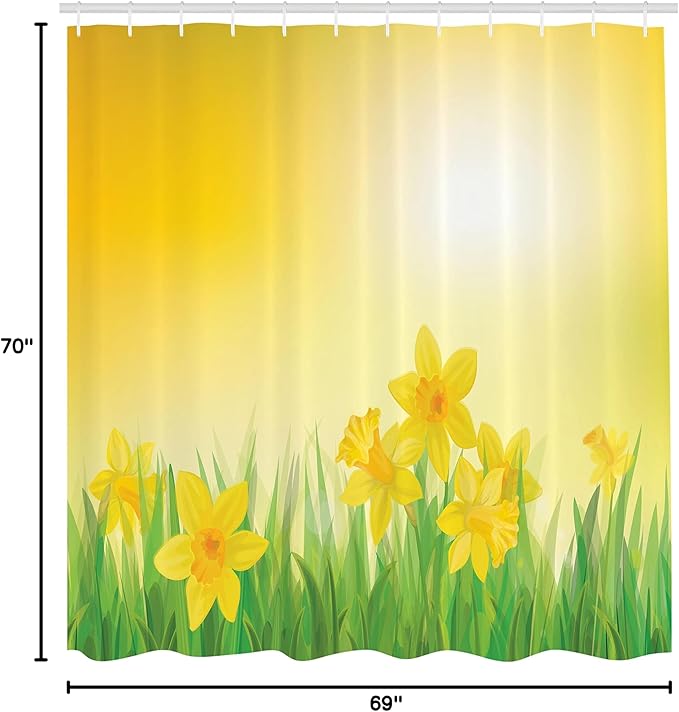 Ambesonne Daffodils Shower Curtain, Daffodil Flowers on a Spring Meadow Countryside Sunny Nature Illustration, Cloth Fabric Bathroom Decor Set with Hooks, 69" W x 70" L, Yellow and Green