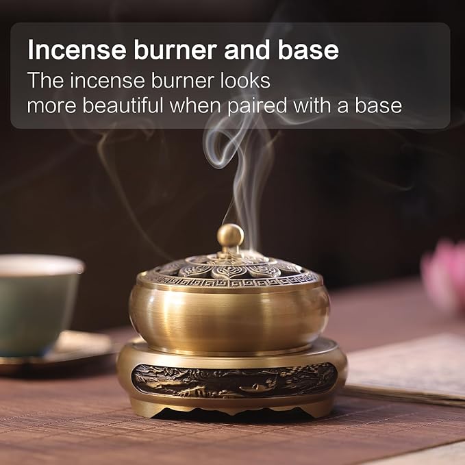 Brass Incense Burner Bowl, Vintage Incense Tray, Lotus Incense Holder for Cone, Coil and Stick Incense, Zen Meditation Yoga Spa, Healing Relaxing Oriental Censer Gift Set for Home Indoor Decor
