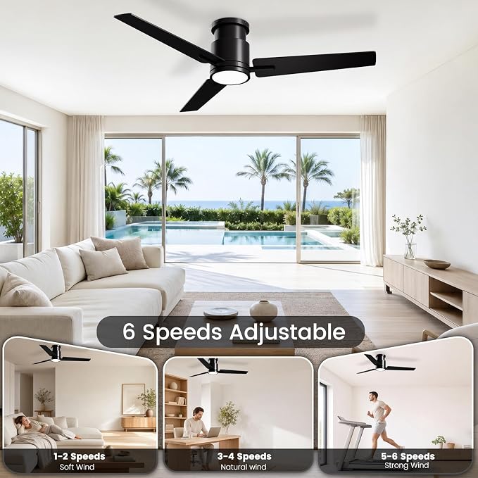CJOY Ceiling Fan with Lights, 48 Inch Low Profile Ceiling Fans with Light and Remote, Reversible DC, Flush Mount, 3CCT，Dimmable, Modern Indoor/Outdoor Design for Bedroom, Living Room, Patio, Kitchen