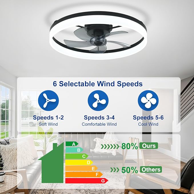 DLLT Bladeless Ceiling Fans with Lights: 24 Inch Modern Flush Mount Low Profile Ceiling Fan with APP Remote Control - Black Enclosed LED Fandelier Dimmable Quiet DC Motor for Bedroom Living Room