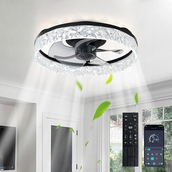 Depuley Ceiling Fans with Lights and Remote: 16" Modern Low Profile Flush Mount Ceiling Fan with App Remote Control - Black Fandelier for Bedroom Living Room Kitchen Dimmable Quiet DC Motor