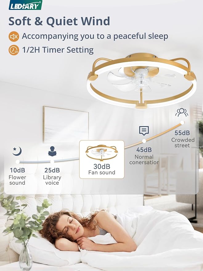 LEDIARY Ceiling Fans with Lights and Remote, 20'' Low Profile Ceiling Fan with Light, 3000-6000K Dimmable Fandelier LED Fan Light, 6 Wind Speeds, Gold Modern Flush Mount Ceiling Fan for Bedroom