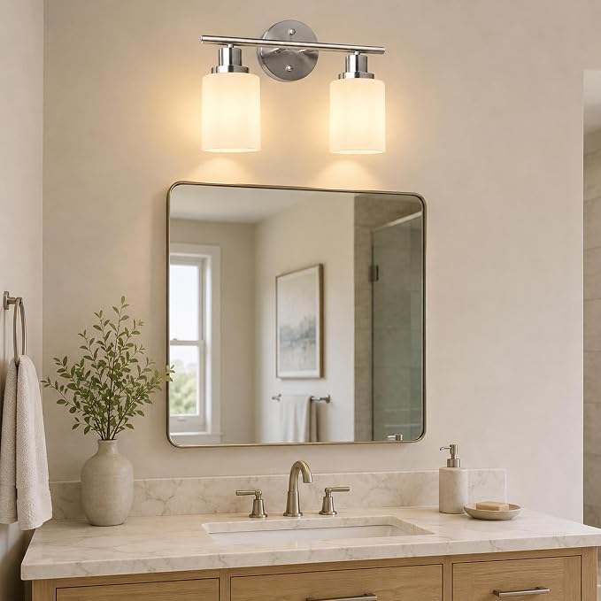 Unicozin 2 Light Bathroom Light Fixtures, Modern Vanity Lights with Milky White Glass Shade, Brushed Nickel Wall Lamp Over Mirror for Bathroom, Living Room, Cabinet, Bedroom, E26 Base