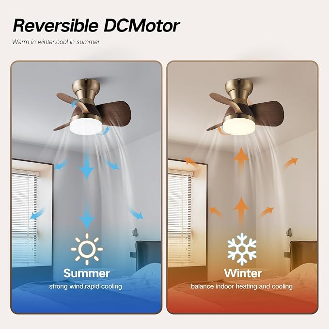 20 Inch Ceiling Fan with Light, 3 Blades Plastic Wood Grain, Brass Small Ceiling Fan with Remote Control, Suitable for Living Room, Dining Room, Bedroom