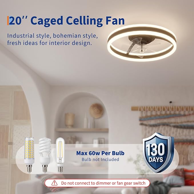 GarveeHome 20 Inch Fandelier Caged Ceiling Fans with Lights and Remote, 10%-100% Dimmable, Rustic Bladeless Ceiling Fan, Small Farmhouse Fan Lights Ceiling Fixtures for Kitchen, Bedroom-Brushed Gold