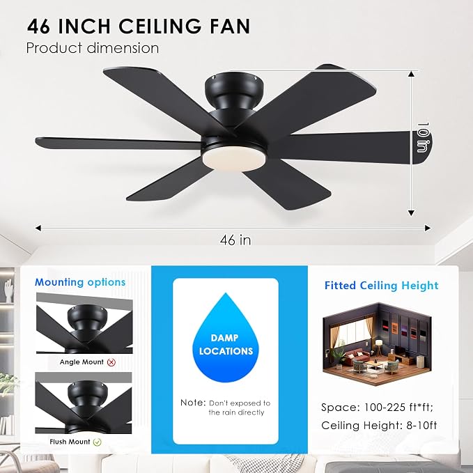 BayDay 46 inch Ceiling Fans with Lights, Black Ceiling Fan with Remote APP, Dual-Sided Modern/Rustic 6 Blades, Reversible, 3CCT, Flush Mount Low Profile Ceiling Fan with Lights Bedroom Kitchen Indoor