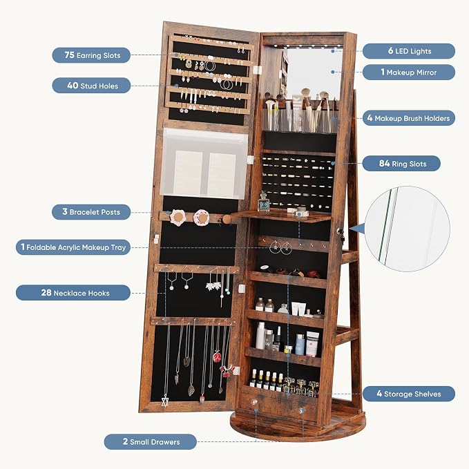 360° Rotating Jewelry Armoire with Full-Length Mirror & LED | Lockable Standing Organizer, Secure Storage For Jewelry, Brown