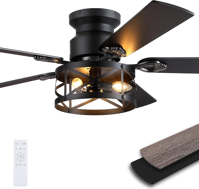 JSAITEE 52in Flush Mount Farmhouse Ceiling Fan with Lights, Caged | Low Profile Fan Light with E12 Base(Bulbs Not Included), 6 Speeds Adjustable&Timer, Rustic Lighting Fan for Indoor/Outdoor