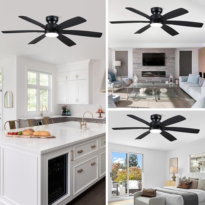 Kviflon 52 Inch Modern Ceiling Fans with Lights Remote Control, Low Profile Flush Mount Ceiling Fan, 6 Reversible Plastic Blades, 6 Speeds 3 CCT Dimmable LED Lights for Bedroom Living Room, Black