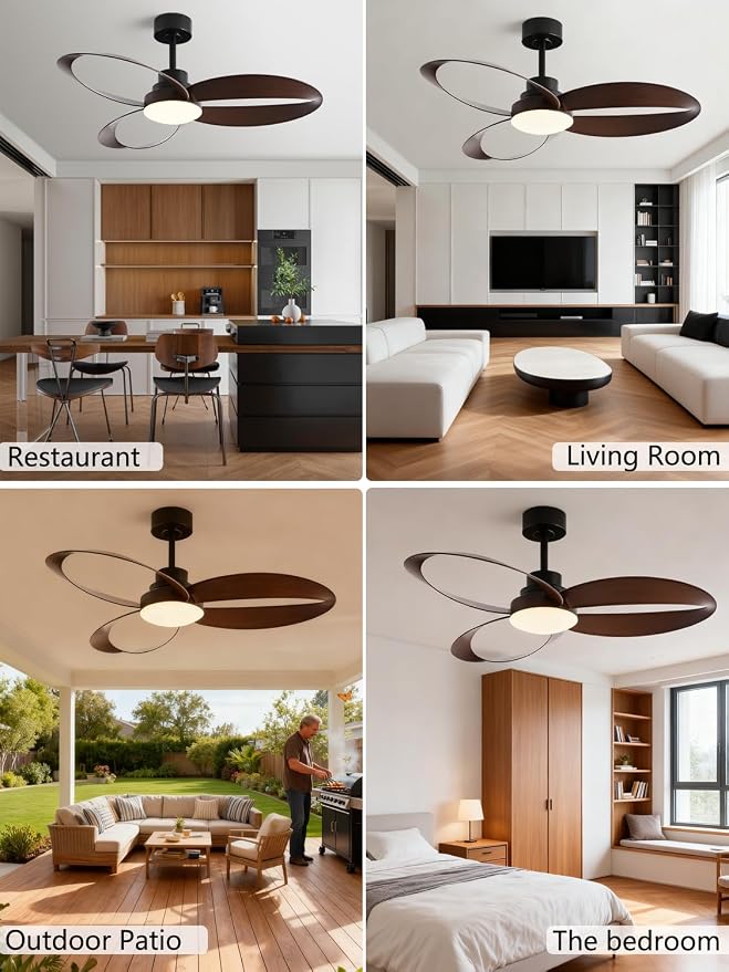 52 inch Ceiling Fans with Lights and Remote Black Strong Wind,special 3 Blades Noiseless Reversible DC Motor 6 Speeds with 3 CCT,for Patio Living Room Bedroom Office Indoor Outdoor,Black+Dark Walnut