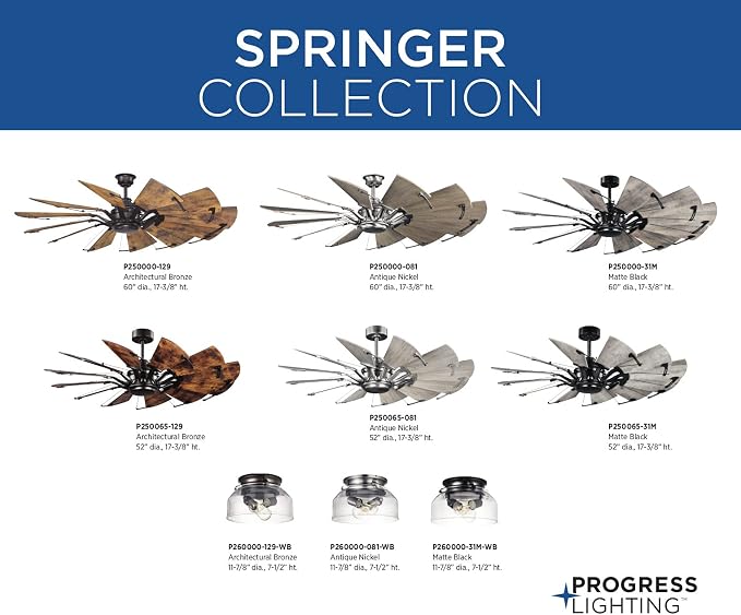 Progress Lighting Springer Collection DC Motor Farmhouse Windmill Ceiling Fan, Antique Nickel, 12-Blade (52" W x 17-3/8" H) P250065-081