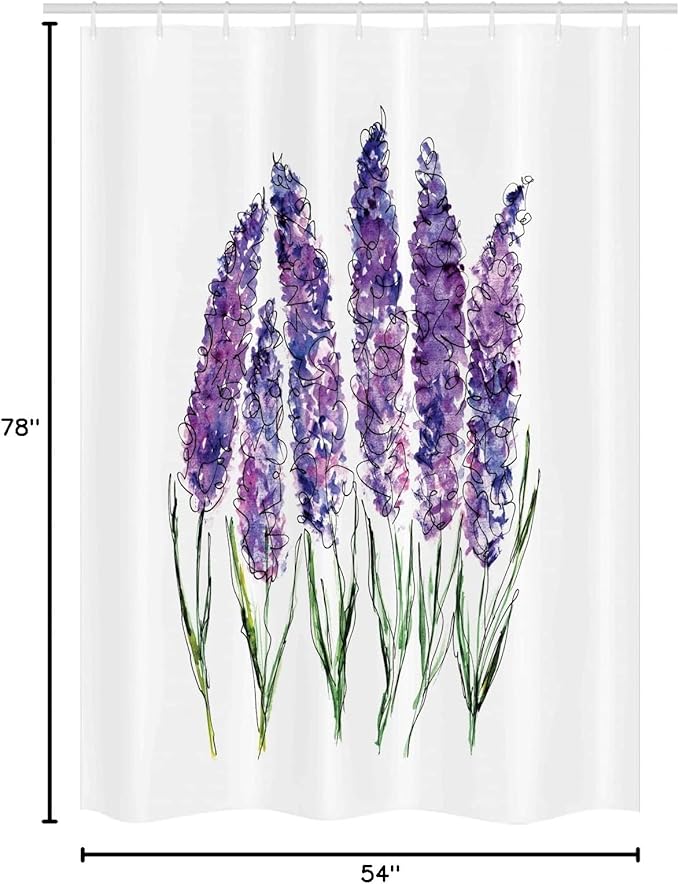 Ambesonne Watercolor Flower Stall Shower Curtain, Illustration of Lavender Flowers Fresh Colors Mint Family Plant, Fabric Bathroom Decor Set with Hooks, 54" W x 78" L, Violet White
