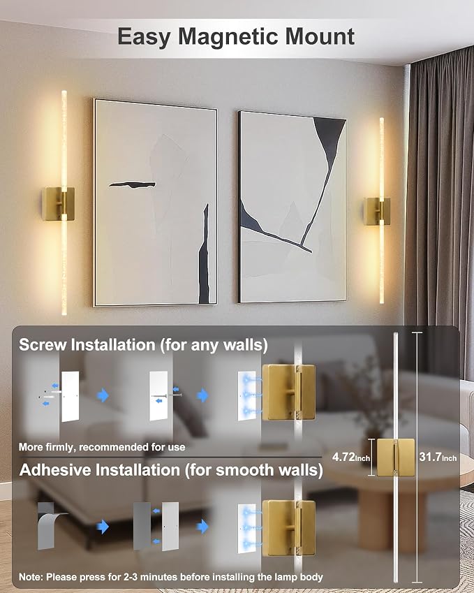 Crystal Wall Sconce Set of 2 Battery Operated: Gold 10000mAh Rechargeable Wireless Wall Lights, 360° Rotatable Magnetic Wall Lamp, 4CCT Dimmable LED Wall Lighting for Living Room Bedroom, 31.7in