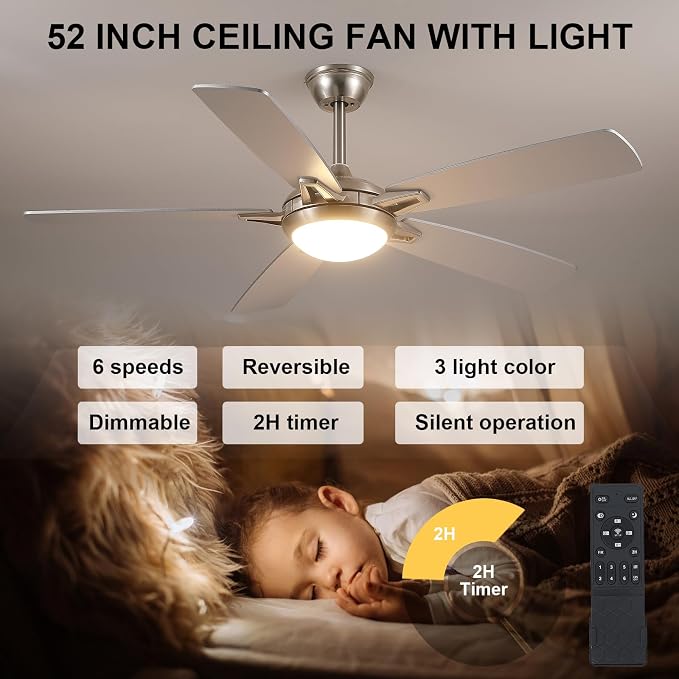 Kviflon 52 Inch Ceiling Fans with Lights and Remote, Modern Indoor Outdoor Ceiling Fan for Bedroom Living Room Patio Porch, 6 Speeds, Reversible Quiet Motor, Dual Finish Wooden Blades, Nickel