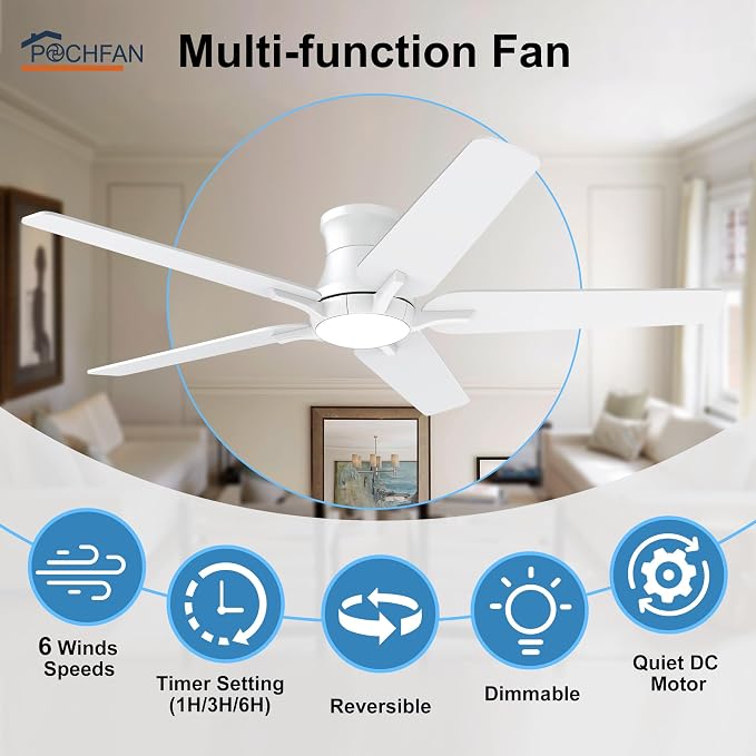 POCHFAN 52 Inch White Ceiling Fans with Lights and Remote, Flush Mount Low Profile Ceiling Fan for Bedroom, Living Room, Patio, Dimmable 6 Speeds Noiseless Reversible, ETL Listed