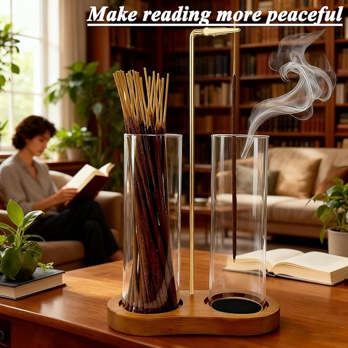 2 in 1 Incense Stick Holder - Glass Incense Holder with Ash Catcher & Incense Storage and Sticky Pads, Anti-Ash Flying Incense Stick Burner for Meditation Yoga Spa Home Office Decor