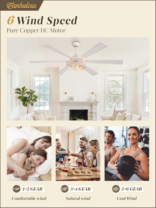Fanbulous 65 Inch Ceiling Fan with Lights, Farmhouse Caged Ceiling Fans with Remote, White Industrial Ceiling Fans with Quiet Reversible DC Motor, Large Ceiling Fan for Living Room, Bedroom
