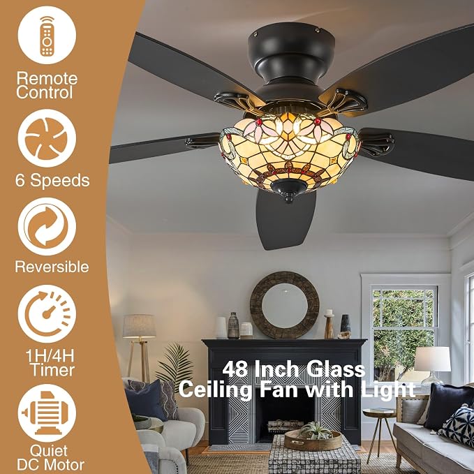 Tiffany Ceiling Fans with Lights - 48" Ceiling Fan Chandelier with 5 Dual-Blades and Glass Shade, 6 Speeds and Reversible, Indoor and Outdoor, Retro Style