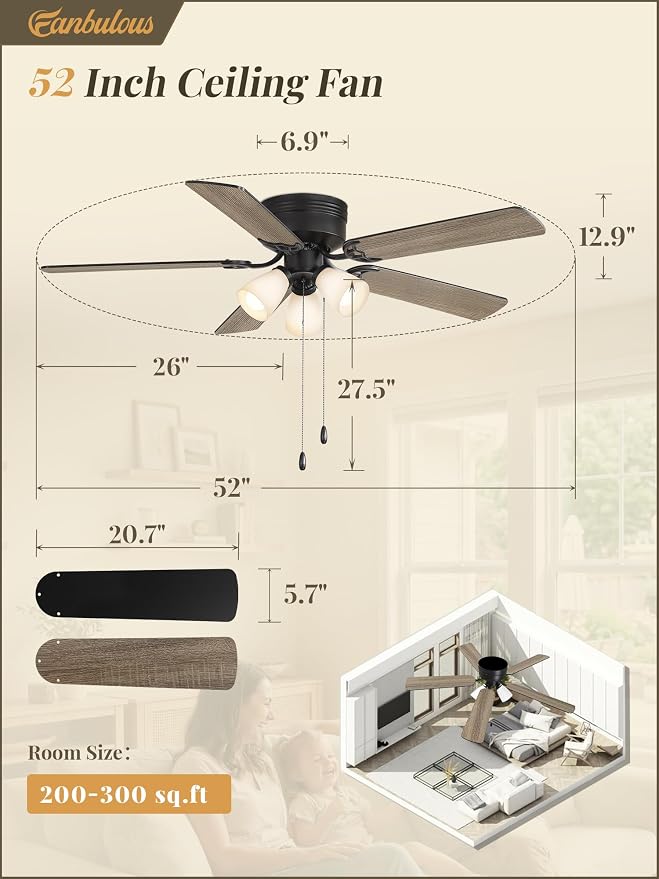 Fanbulous 52" Farmhouse Ceiling Fan with Light, Remote & Pull Chain Control | Shatterproof PP Shades, DC Quiet Motor, 6-Speed Timer, Low Profile Flush Mount for Bedroom, Living Room, Kitchen, Black
