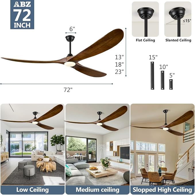 ABZ 72 Inch Ceiling Fans with Lights, Solid Wood Propeller Large Ceiling Fans with Lights and Remote Control 3 Blades Outdoor Ceiling Fan High cfm for Patios Gazebo Indoor Farmhouse, Walnut Wood