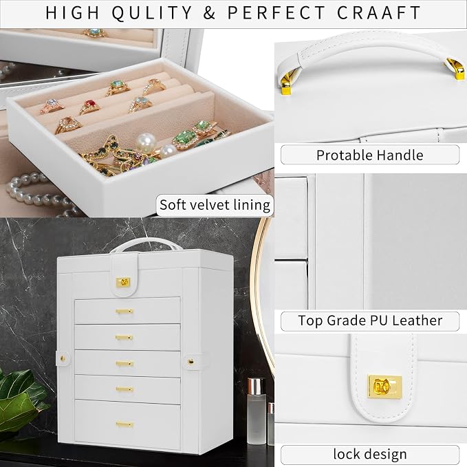 AKOZLIN 6-Tier Jewelry Box Organizer Functional 5 Drawers Leather Jewelry Storage Case for Women Girls Ring Necklace Earring Bracelet Holder Organizer with Mirror White Regular
