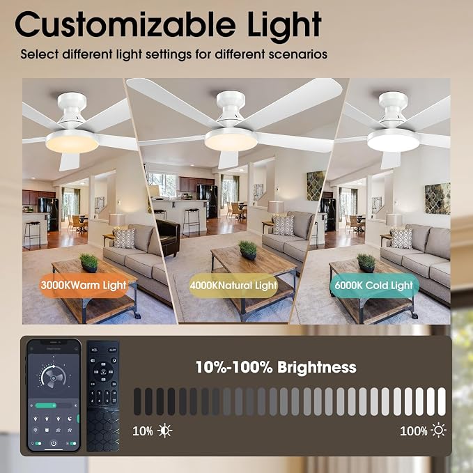 Ceiling Fans with Lights, 52 inch Flush Mount Ceiling Fan with Light, Remote/App Control, Low Profile Modern Ceiling Fan for Bedroom, Indoor/Outdoor (White)