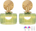 Shenmoyl Vintage Battery Operated Wall Sconce with Green Striped Glass Lampshade 5000 mAh Rechargeable Battery Powered Wall Light with Remote Control for Bedside Bedroom Doorway, Set of 2