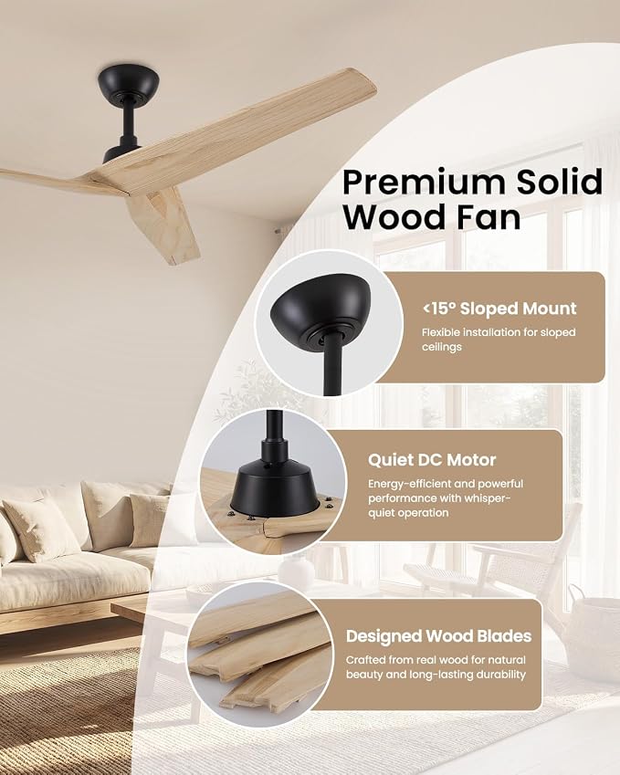 Skylike 52in Modern Wood Ceiling Fan No Light with Remote for Bedroom-Light | Real Wood Blades, Quiet DC Motor,Reversible,Beep-Off Function,6 Speeds,3 Timers,6" downrod,Indoor and Outdoor