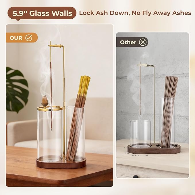 3 in 1 Incense Holder for Sticks Upside Down Anti-Ash Incense Burner with Glass Ash Catcher Backflow Cone Incense Diffuser with Adjustable Threaded Mounting for Mediation Yoga Spa Gifts Home Decor