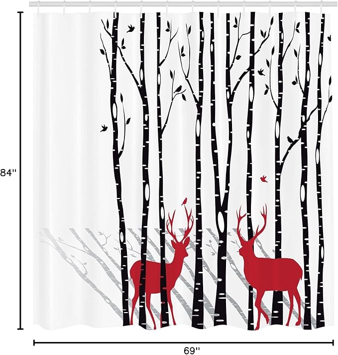 Ambesonne Antlers Shower Curtain, Deer Tree Forest with Red Holiday Theme Flying Leaves Branch Reindeer, Cloth Fabric Bathroom Decor Set with Hooks, 69" W x 84" L, White Vermilion