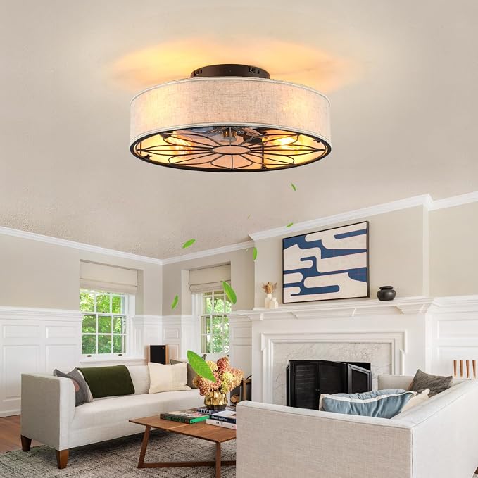 20" Flush Mount Caged Ceiling Fan With Light,Low Profile Fabric Farmhouse Bladeless Ceiling fan With Remote Control,Ceiling Fans with 6 Speeds Reversible Silent Fandalier for Bedroom