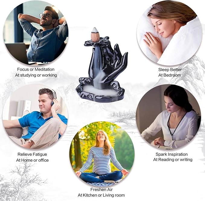 Buddha Hand Backflow Incense Burner, Waterfall Incense Burner, Ceramic Incense Fountain Buddha Incense Holder, Incense Cone Burner for Yoga Meditation and Home Decor