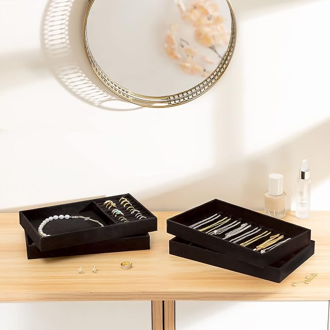 ProCase Stackable Jewelry Organizer Trays for Drawers, Jewelry Drawer Inserts Container Display Case Storage for Earring Necklace Rings Bracelet with Removable Dividers -Allblack, 4 Layers