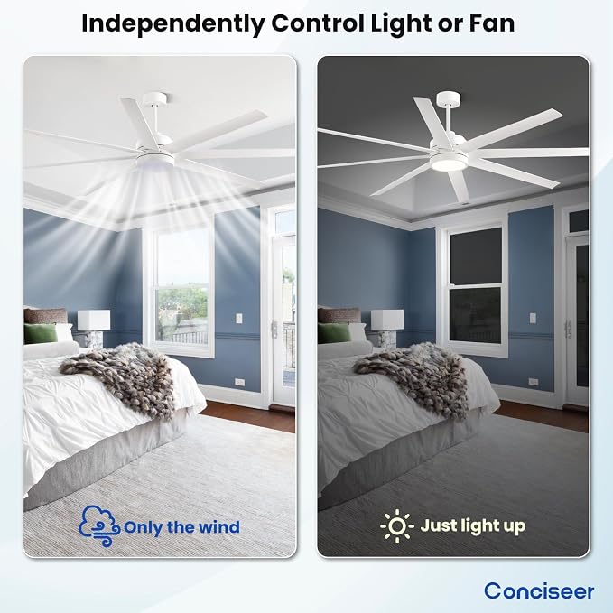 Modern Ceiling Fans with Lights, 72 Inch Ceiling Fan with Remote for Bedroom Living Room Kitchen Library Cafe Outdoor/Industrial Use,24W 6CCT 8 Blades 6 Speed Reversible Quiet DC Motor, White