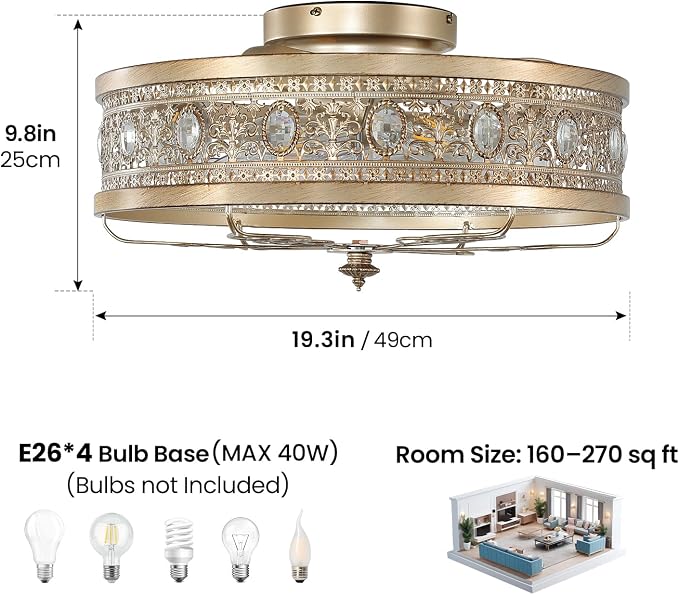 Gold Caged Ceiling Fan with Lights 19 Inch Vintage Crystal Fandelier Enclosed Bladeless Ceiling Fan with Remote Flush Mount Low Profile Ceiling Fan for Bedroom Living Room Kitchen
