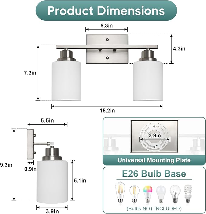 Ascher Bathroom Light Fixtures, 2-Light Vanity Light Over Mirror, Brushed Nickel Wall Sconces with Milky White Frosted Glass Shades, Wall Lamp for Living Room Bedroom, E26 Base(Bulbs Not Included)