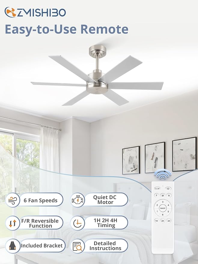 ZMISHIBO 42 Inch Ceiling Fan No Light, Brushed Nickel Ceiling Fan Wthout Light, 6 Blades, Quiet Reversible DC Motor, 6-Speeds, Modern Ceiling Fans for Living Room, Bedroom, Workshop, Indoor/Outdoor